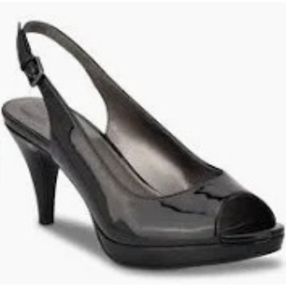 Adrienne Vittadini AV-Perry Women Black Patent Peep Toe Slingback Heels sz 7.5